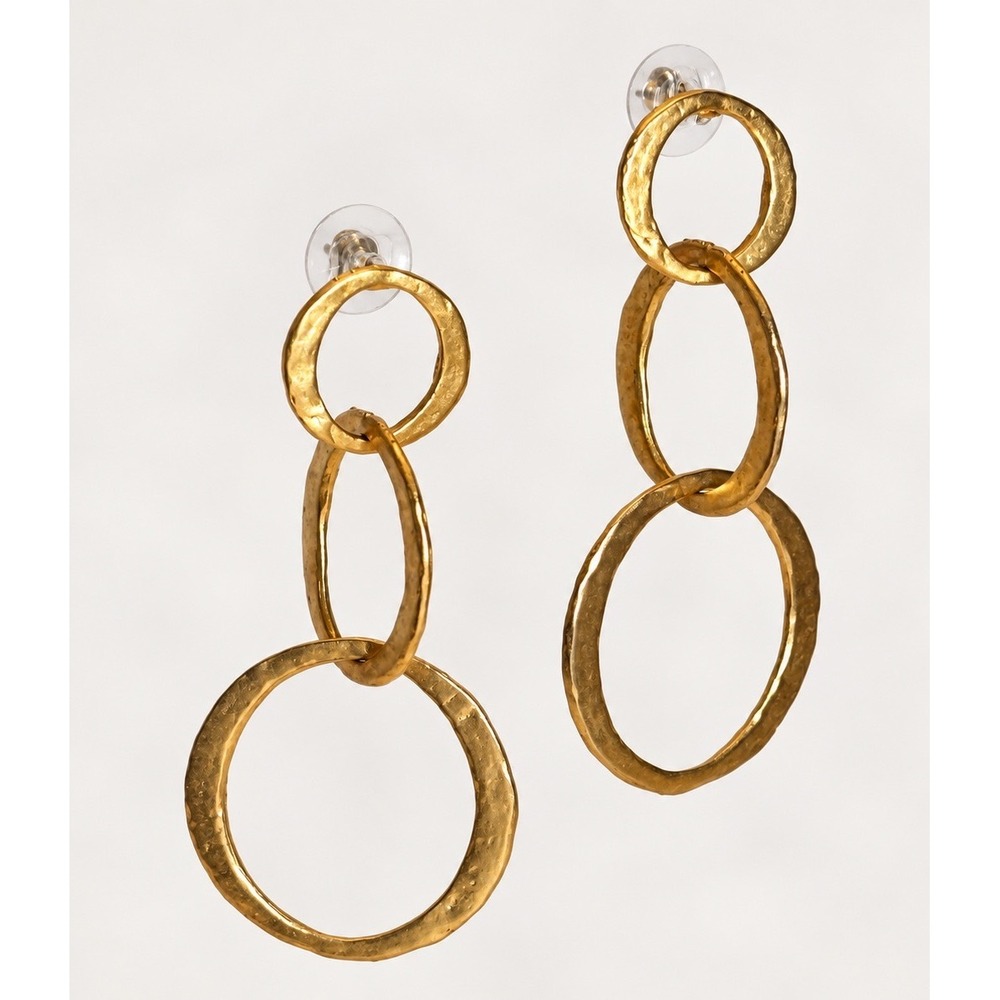 Kenneth Jay Lane Hammered Gold Tone Triple Hoop Circle Link Drop Earrings Signed
